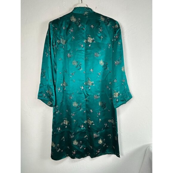 Vintage Chinese Silk Robe Teal Floral Embroidered Mandarin Collar Frog Button 38 - Picture 2 of 10